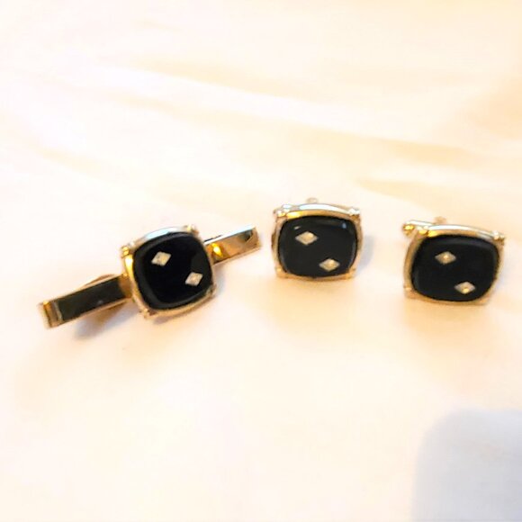 Gold Tone Black Onyx Diamond Tie Tack Clasp Cufflinks Men's Accessories Set - Picture 1 of 8
